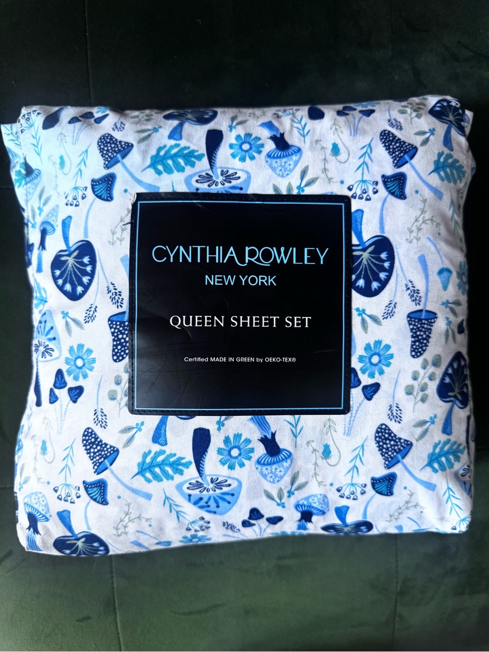 Cynthia Rowley adorable mushroom blues Queen Sheet Set